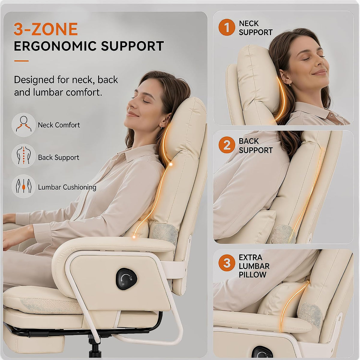 180° Reclining Office Chair with Footrest, PU Leather, Beige