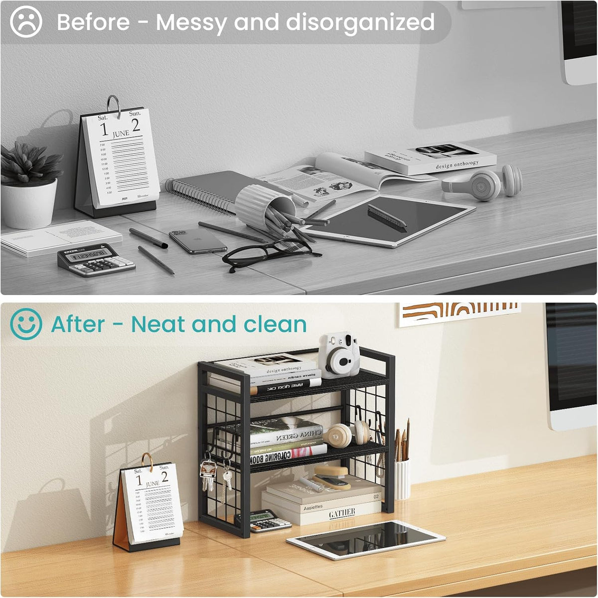 ELITEROO Desk Shelf Organizer, 2 Tier Wooden Desktop Bookshelf, Black