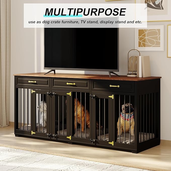 Dog Crate Furniture - Indoor Wooden Dog Kennel with 2 Dividers, 3 Drawers, and 3 Lockable Doors, 72"x23.6"x31.5"H, Black