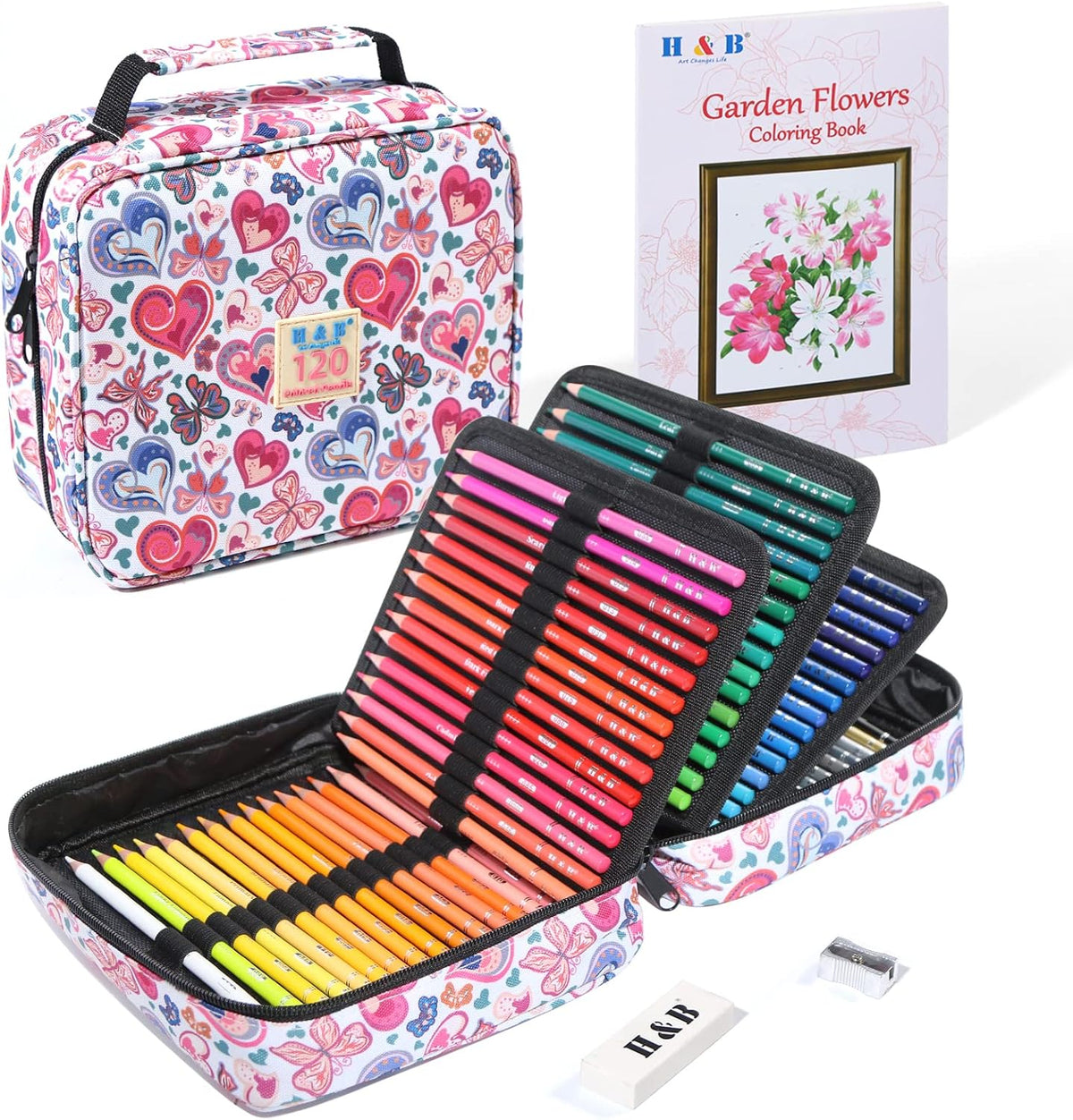 H & B 120 Oil-Based Colored Pencils Set with Coloring Book & Zipper Case