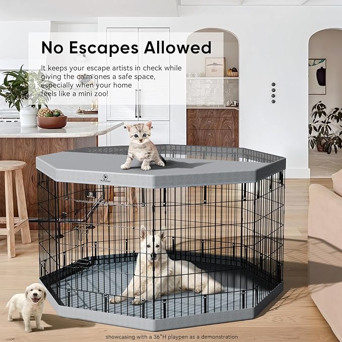 PJYuCien Dog Playpen with Top Cover and Bottom Pad - Metal Foldable Exercise Pen, 8 Panels 42" H x 24" W Indoor Outdoor Pet Fence Puppy Crate Kennel, Gray