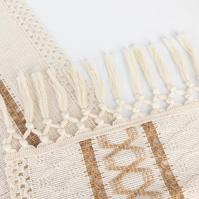 Boho Table Runner for Christmas, Woven Cream & Brown Macrame Dining Table