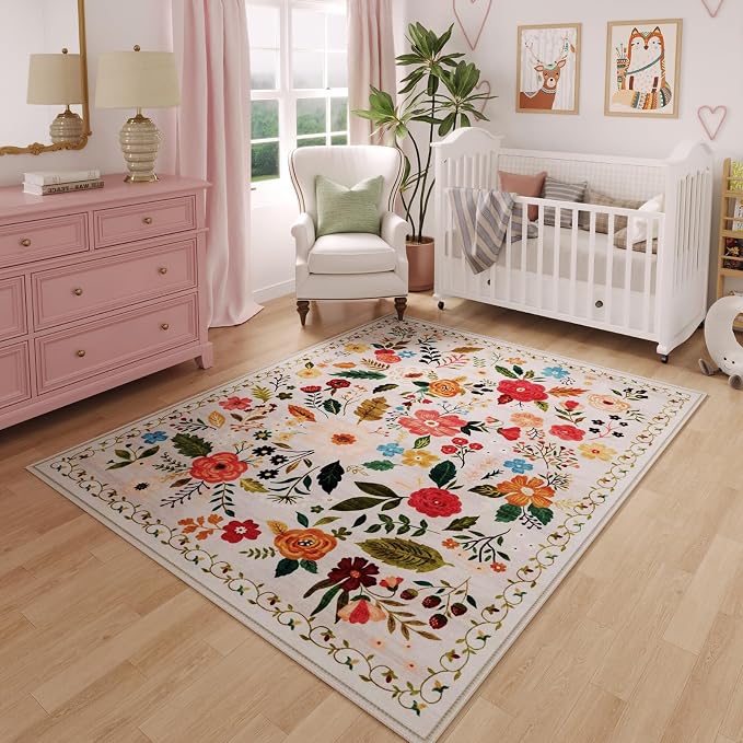 Rugcomf Area Rug 4x6 Rug Washable Boho Rugs Non Slip Low Pile Floral Small