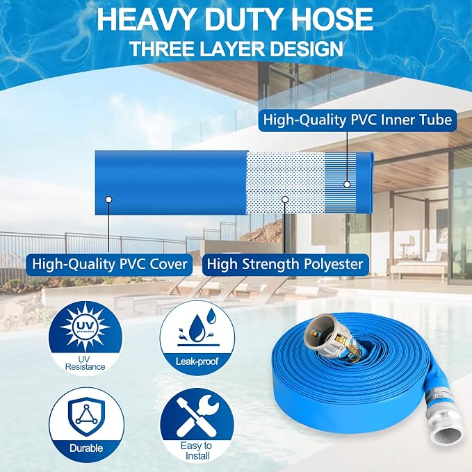 2" x 50 ft Backwash Hose for Swimming Pools, Heavy Duty PVC Water Lay Flat