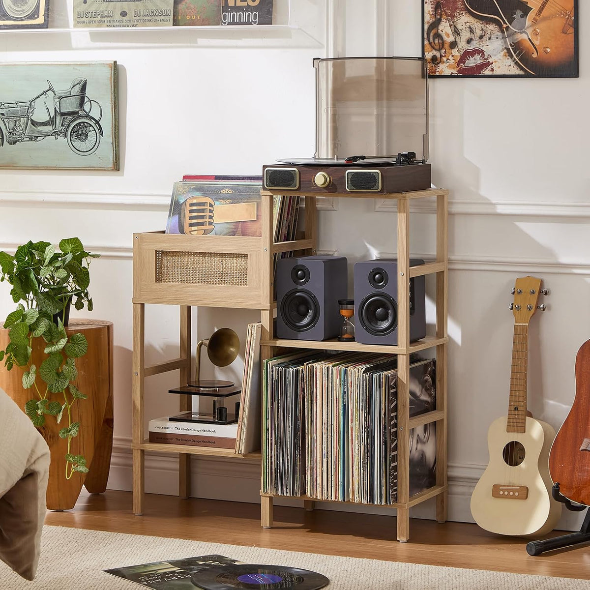 LELELINKY Record Player Stand, Natural Oak Wood Record Holder with Vinyl Storage Holds up to 300+ Albums, 3-Tier Rattan Media Table with Vinyl Display Shelf, Record Storage Cabinet for Living Room