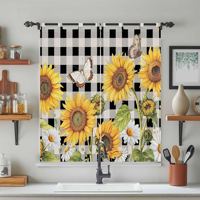 Sunflowers Bathroom Curtains 63 Inch Length, Window Curtains Tab Top