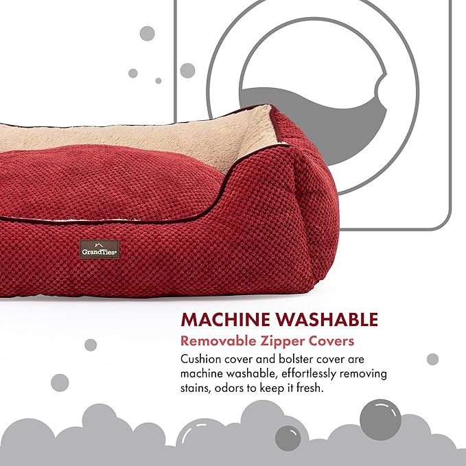 GRANDTIES Fluffy Dog Beds for Small Medium Large Dogs & Cats, Machine Washable Dog Bed, Rectangle Breathable Soft Calming Sleeping Warming Pet Beds with Waterproof & Non-Slip Bottom (M 34", Cherry)