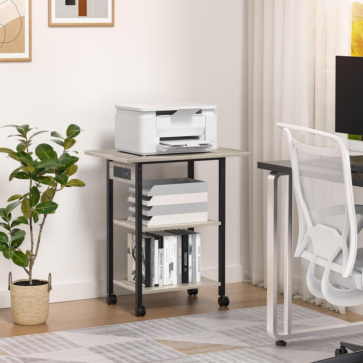 Lerliuo 3-Tier Printer Stand with Charging Station, Rolling Printer Table