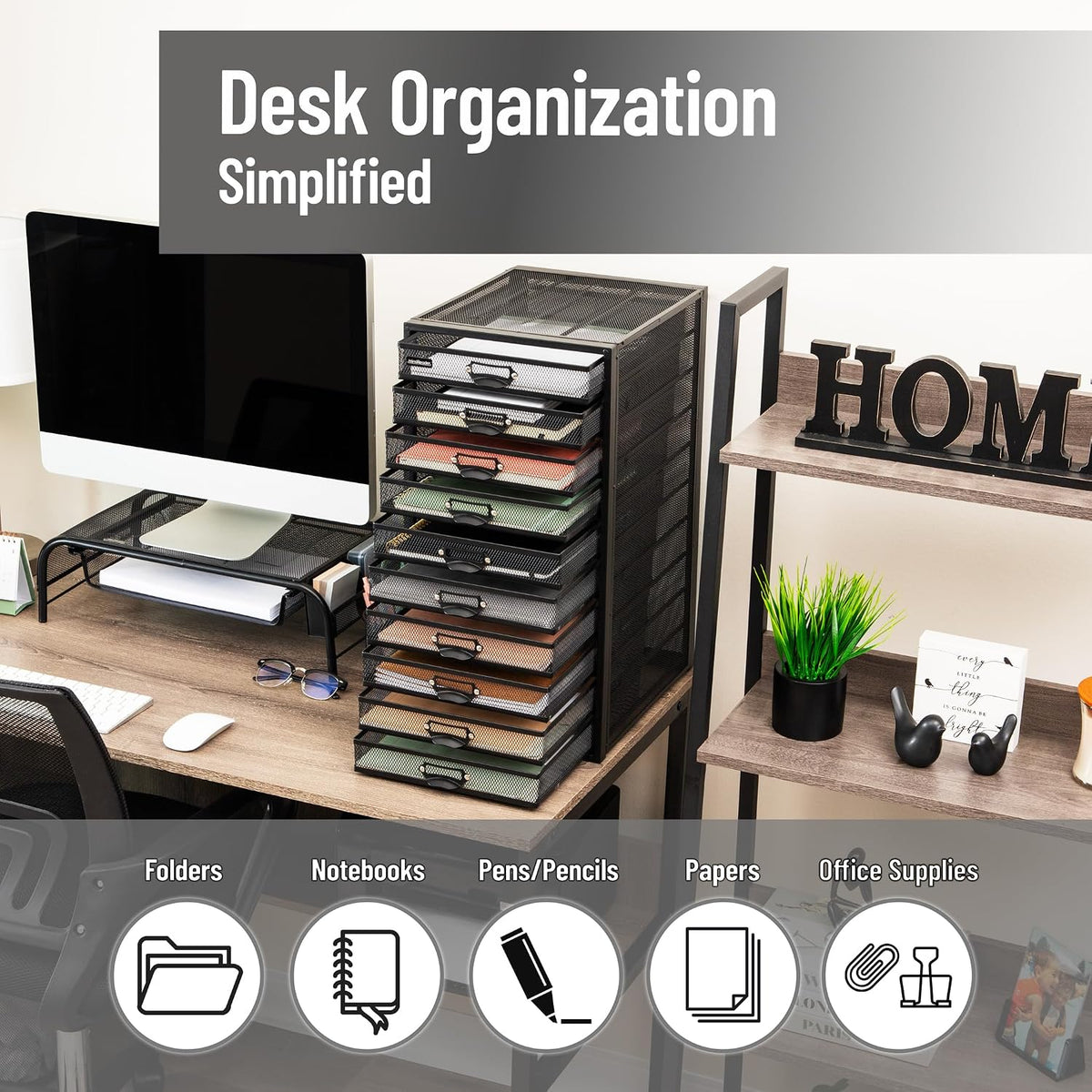 Mind Reader 10-Drawer Desk Organizer for Office Supplies, Crafts, Mail Sorting & More, Metal Mesh, Black