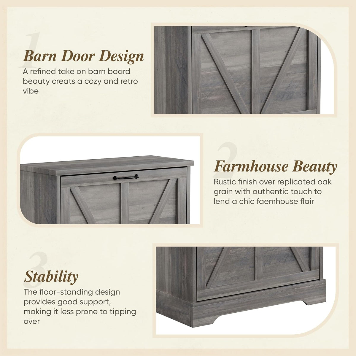 Semiocthome Farmhouse Shoe Storage Cabinet with 2 Flip Drawers, 23.6"(W) Freestanding Shoe Organizer with Barn Door and Metal Handles for Entryway, Rustic Narrow Slim Shoe Rack Cabinet - Washed Gray