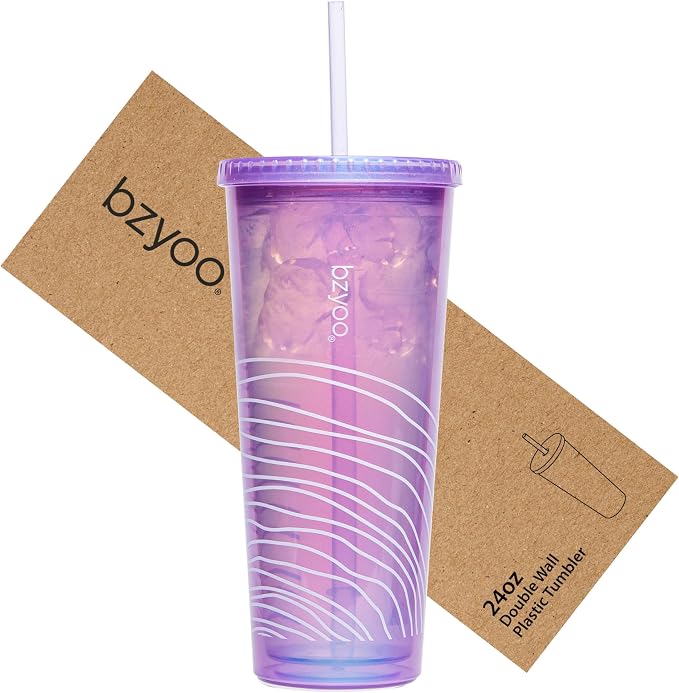 bzyoo 24oz Plastic Tumbler Cup, Lid & Straw, Iced Coffee, dishwasher safe