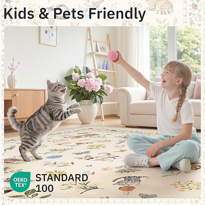 Soalmost Cat 4x6 Area Rugs, Machine Washable Animal Floral Accent Rug Non-Slip
