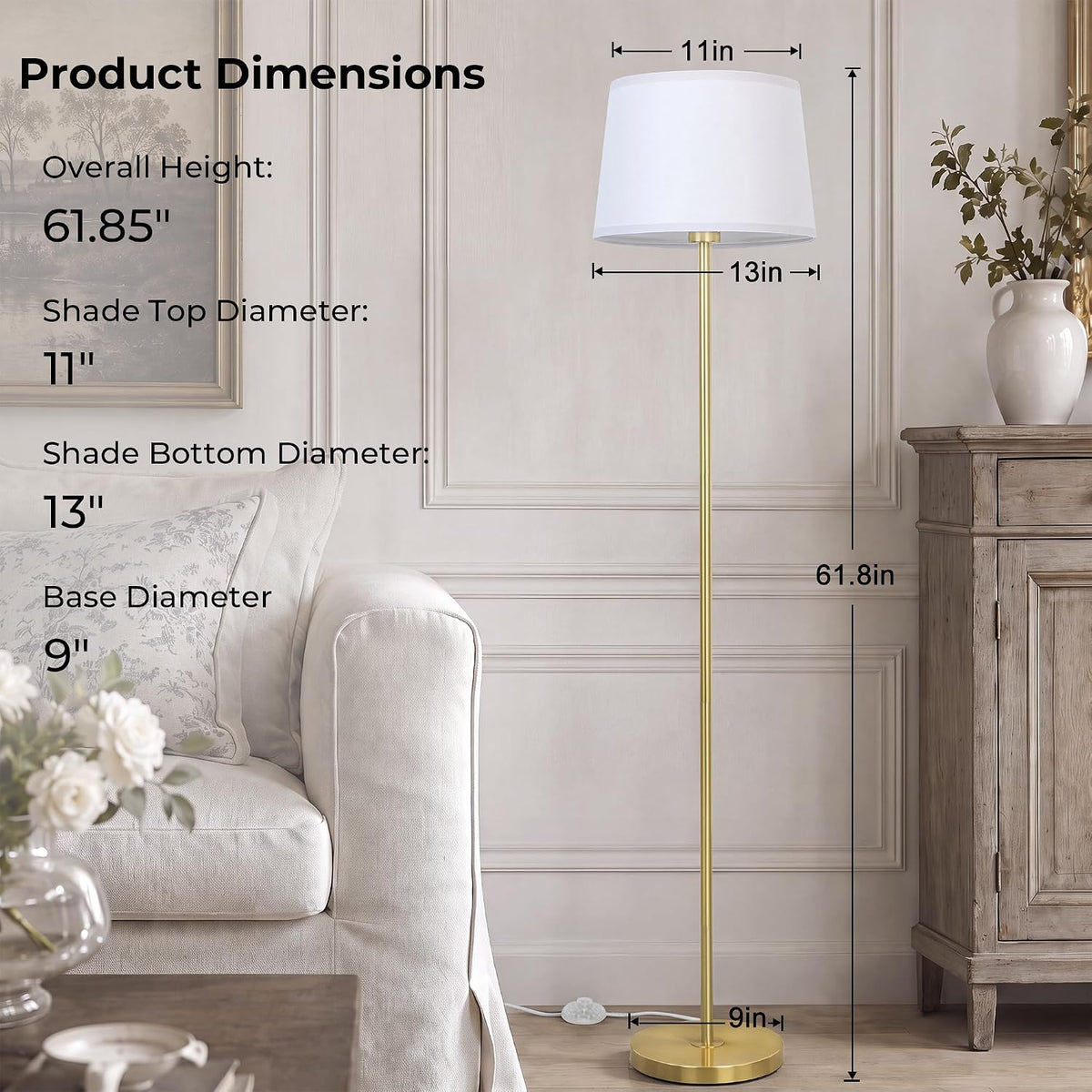 JUNNAI Gold Floor Lamp for Living Room, 61.8" Tall Standing Lamp, Modern Brass Floor Lamp for Bedroom Reading Office Classroom Corner, 3-Color Temperatures, 9W LED Bulb Included