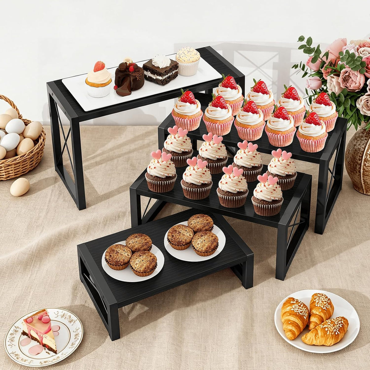 ELITEROO Wooden Risers Display Stands, 4 Tier Cupcake and Dessert Display Stand, Nesting Riser for Buffet Table for Cup Cake, Food, Collectibles, and Market Vendor Events Retail Shelf Organizer, Black