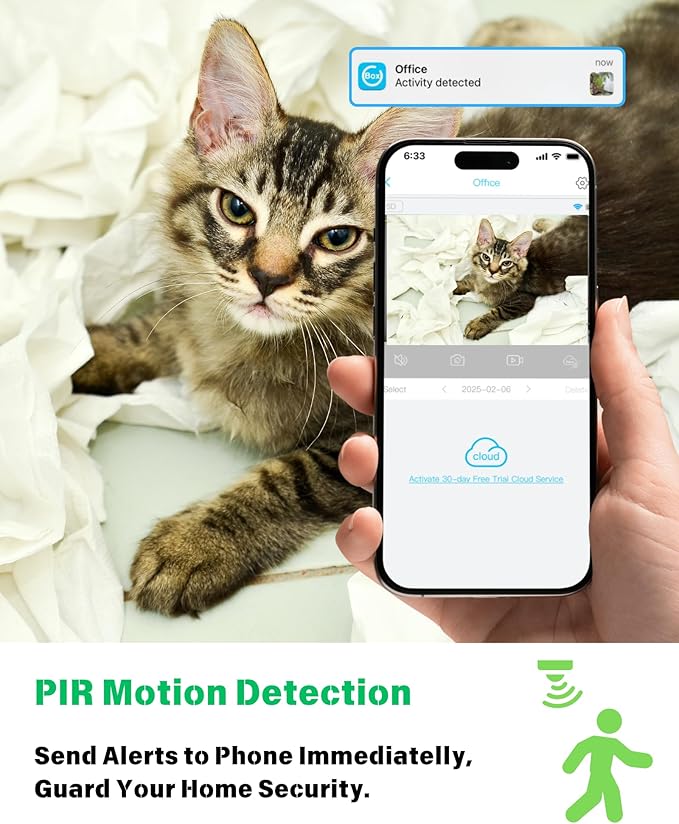 Wireless Indoor Cat Camera, 2K HD Wi-Fi Camera with APP Control, Motion Detection, Auto Night Vision, 100-Day Battery Life, Cloud & SD Storage, Nanny Cam Pet Cameras