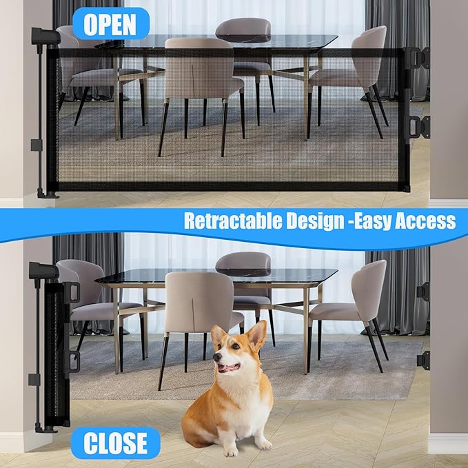 14" H Short Dog Gate Pet Gates Puppy Gate 59" Wide Step Over Pet Fence, Mesh Retractable Indoor Outdoor Expands Up to 59 Inches Small Dog Gates for Doorways Stairs