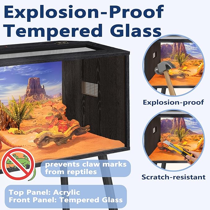 Prolee 63 Gallon Reptile Tank, Tempered Glass Bearded Dragon Tank with Wooden Roof and Lockable Doors, Large Lizard Habitat for Snakes, Iguanas, Chameleons (Black)