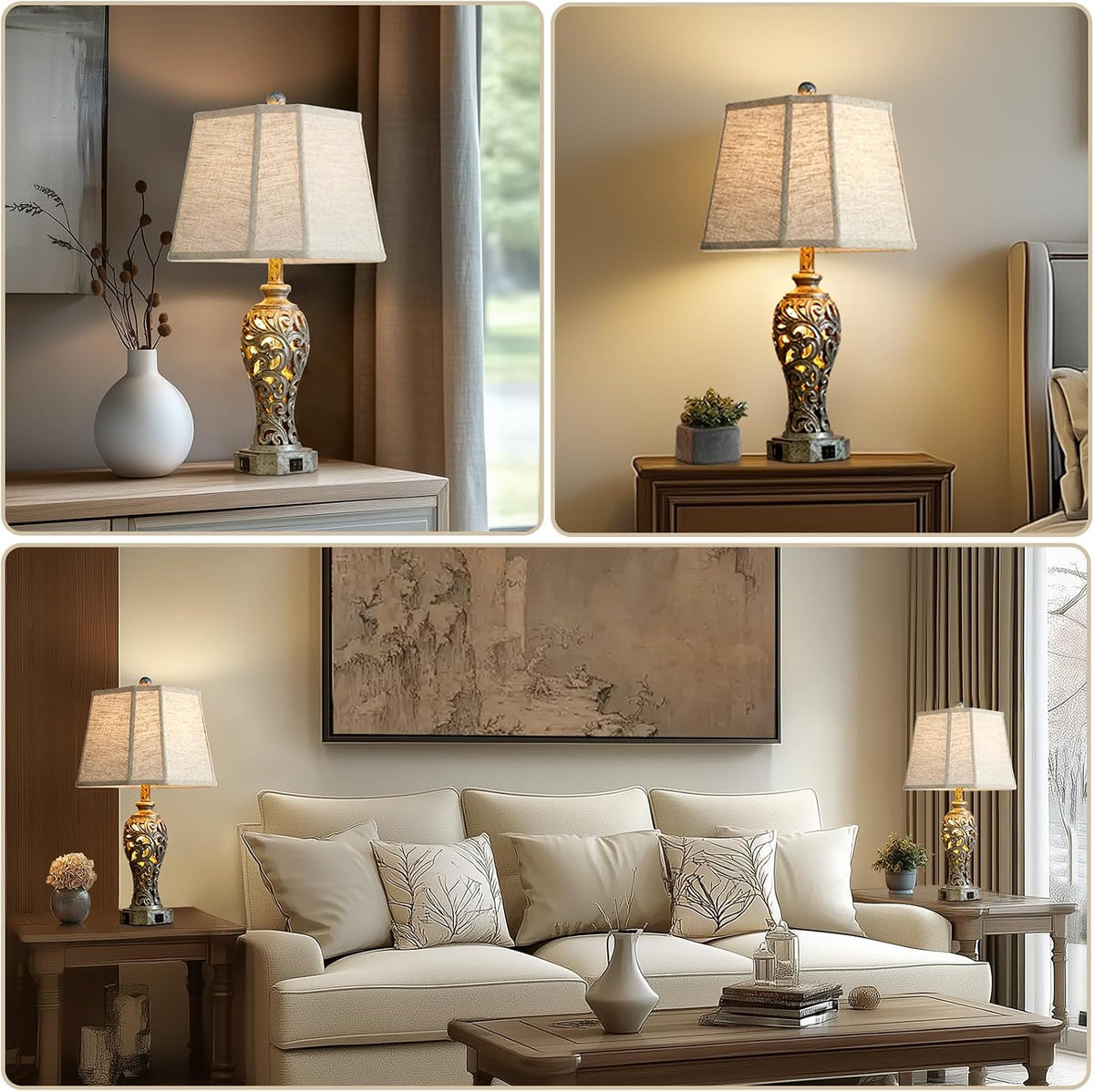 25' Vintage Table Lamps Set of 2 for Living Room with USB C+A