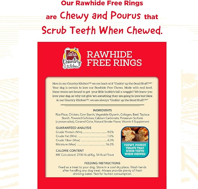 Country Kitchen Rawhide Free Beef Rings Dog Chews, Made with Real Beef, Highly Digestible, Gluten Free, 7 Count