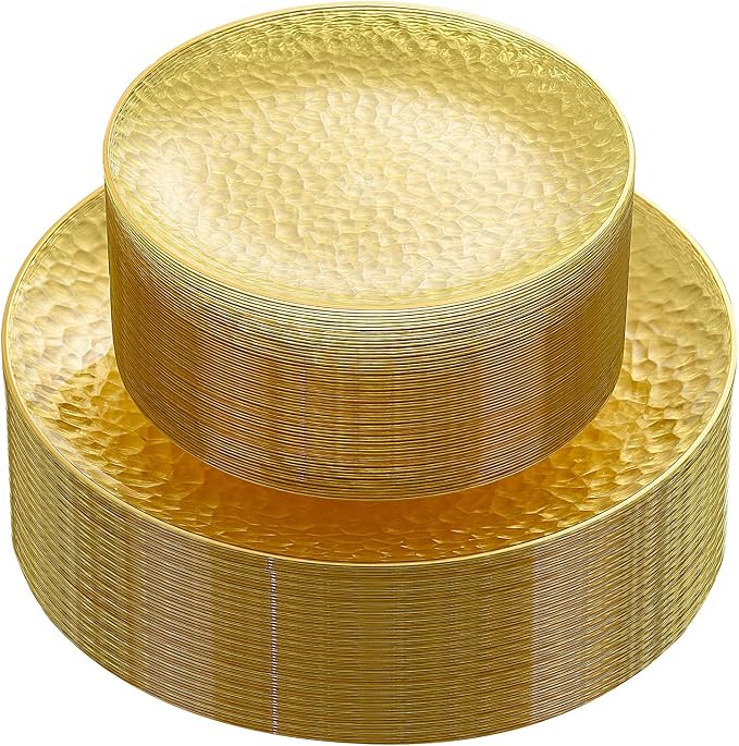 Rubtlamp 60Pcs Yellow Gold Plastic Plates, Hammered Plastic Plates Include 30