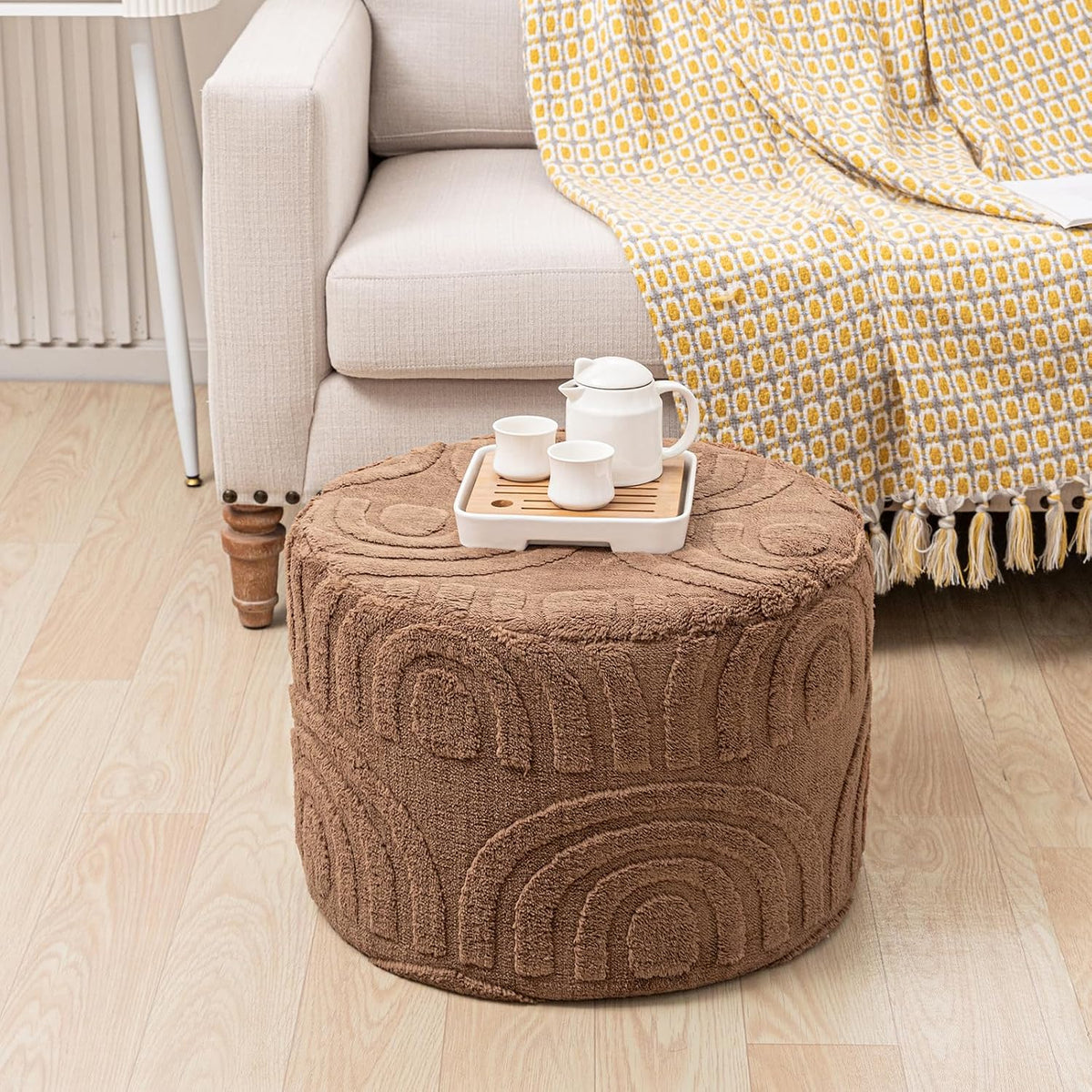 Asuprui Round Ottoman Pouf Foot Stool, Coffee 20x14 in,Sofa Couch Foot Rest