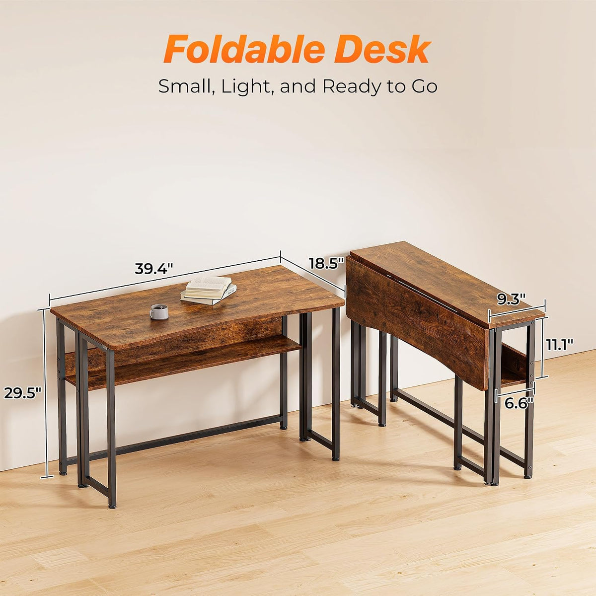 Huuger Folding Desk with Storage Shelf, 39.3 Inch Foldable Computer Table