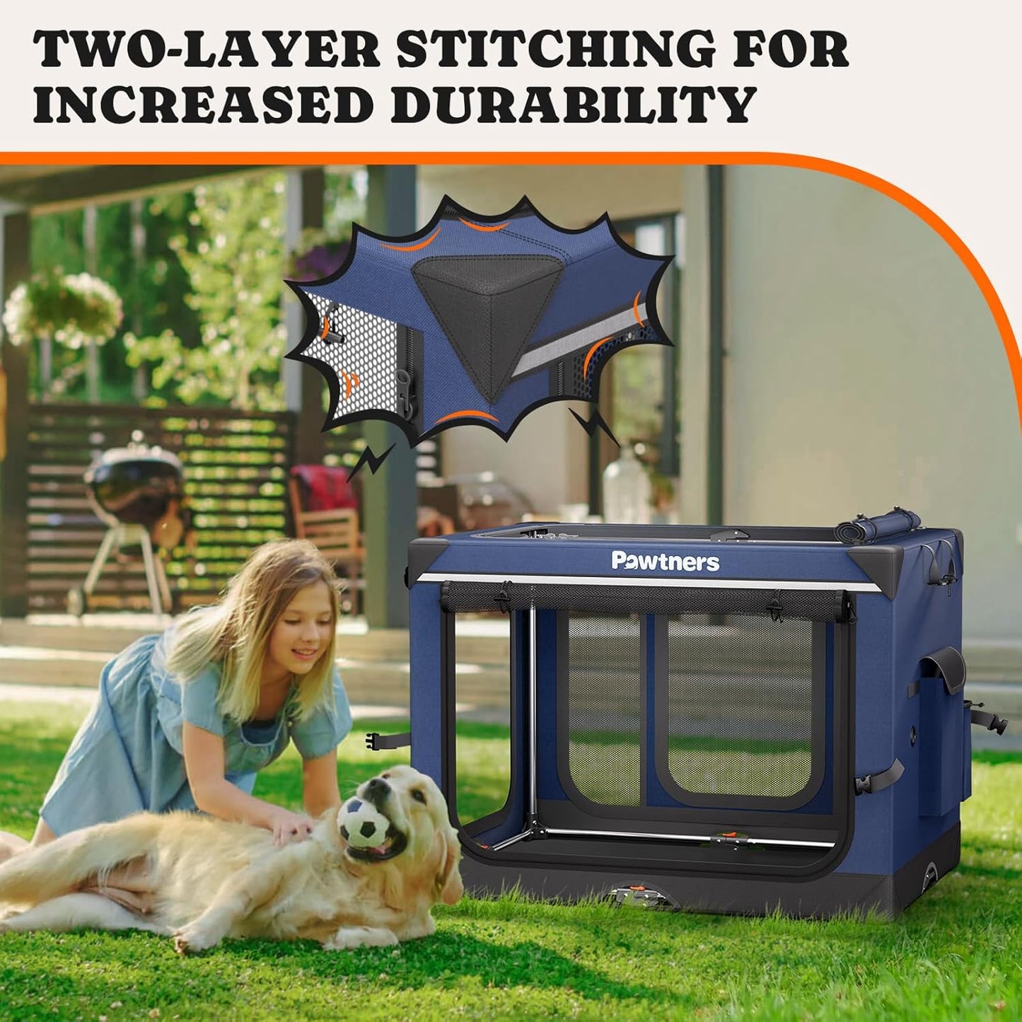 Collapsible Dog Crate: 42 Inch Foldable Soft Sided Dog Crate for Extra Large Dogs, Portable Dog Travel Kennel with Soft Mat for Indoors & Outdoors, Blue (42" L x 31" W x 31" H)