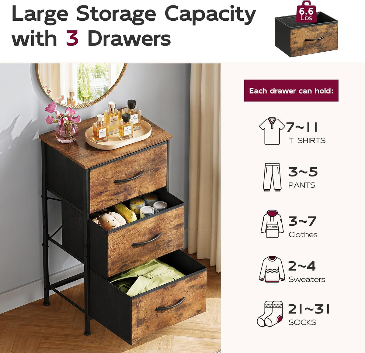 WLIVE Small Dresser Nightstand for Bedroom, 3 Drawers, Rustic Brown