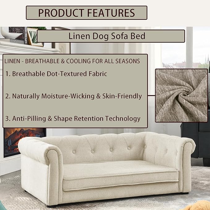 Elevated Rectangle Dog Sofa for Small & Medium Dogs - Comfortable Linen Fabric Dog Bed with Button Tufted Back, Durable Modern and Stylish Pet Bed for Living Room, Bedroom (Beige)