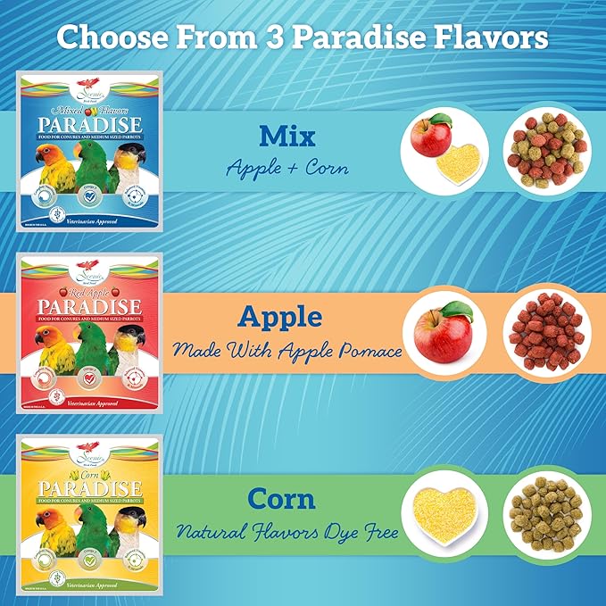 Scenic Apple Paradise Premium Parrot Food - Apple & Natural Flavors, High Protein, Low Iron Conure Bird Food, Eclectus & Other Small Pet Parrots, Omega 3, Vitamins & Minerals, 2 LB Bag