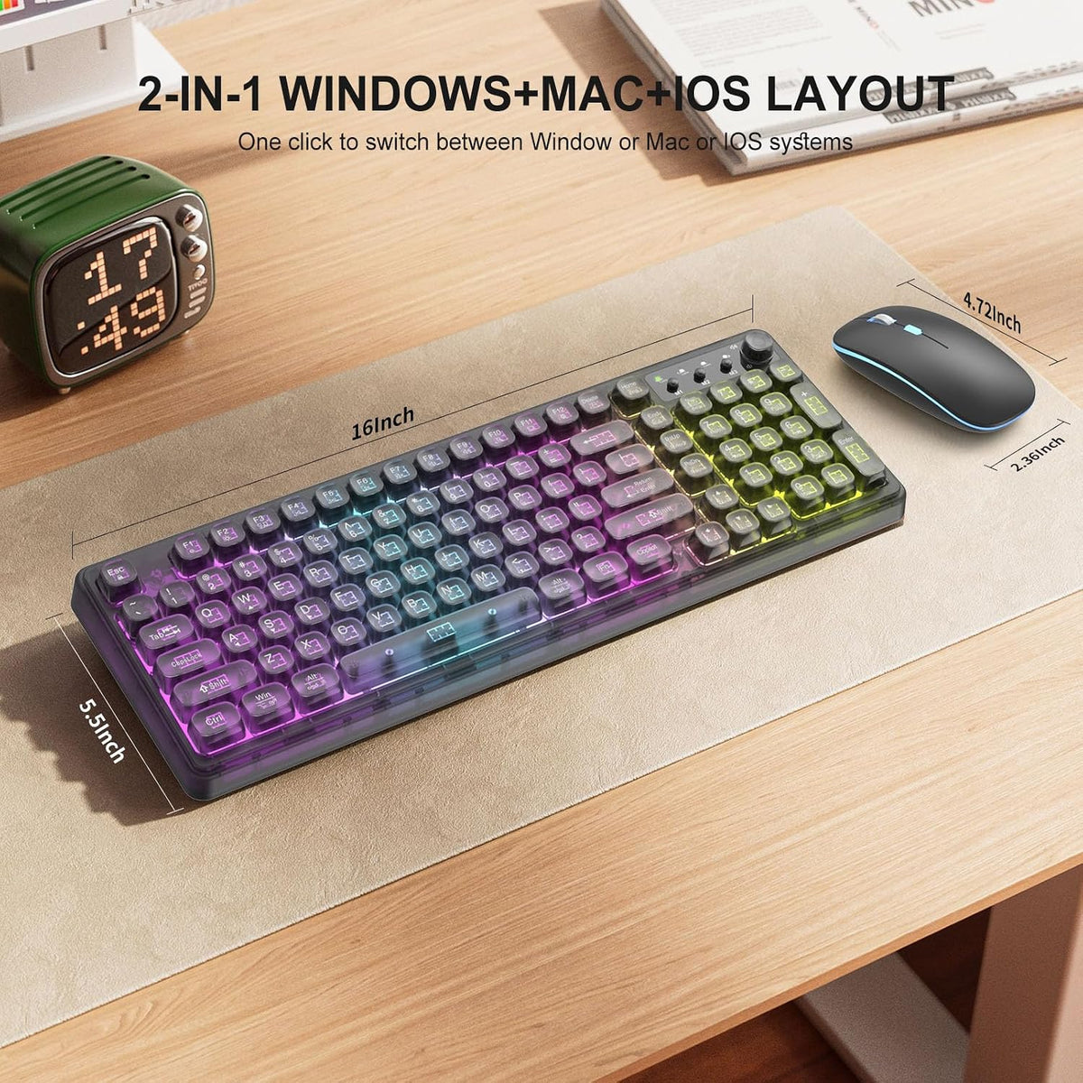 Wireless Keyboard and Mouse Combo Rechargeable, Light Up Transparent Backlit Keyboard with 15 LED Lighting Effects, Volume Knob, RGB Mouse, 2.4GHz Wireless for PC Laptop Desktop, Black