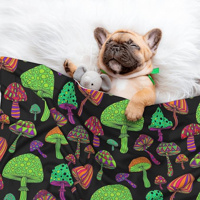 Double Sided Plush Pet Blanket with Cozy Dot Texture and Smooth Reverse, Trippy Mushrooms, Reversible Throw for Dogs Cats on Couches Beds Crates
