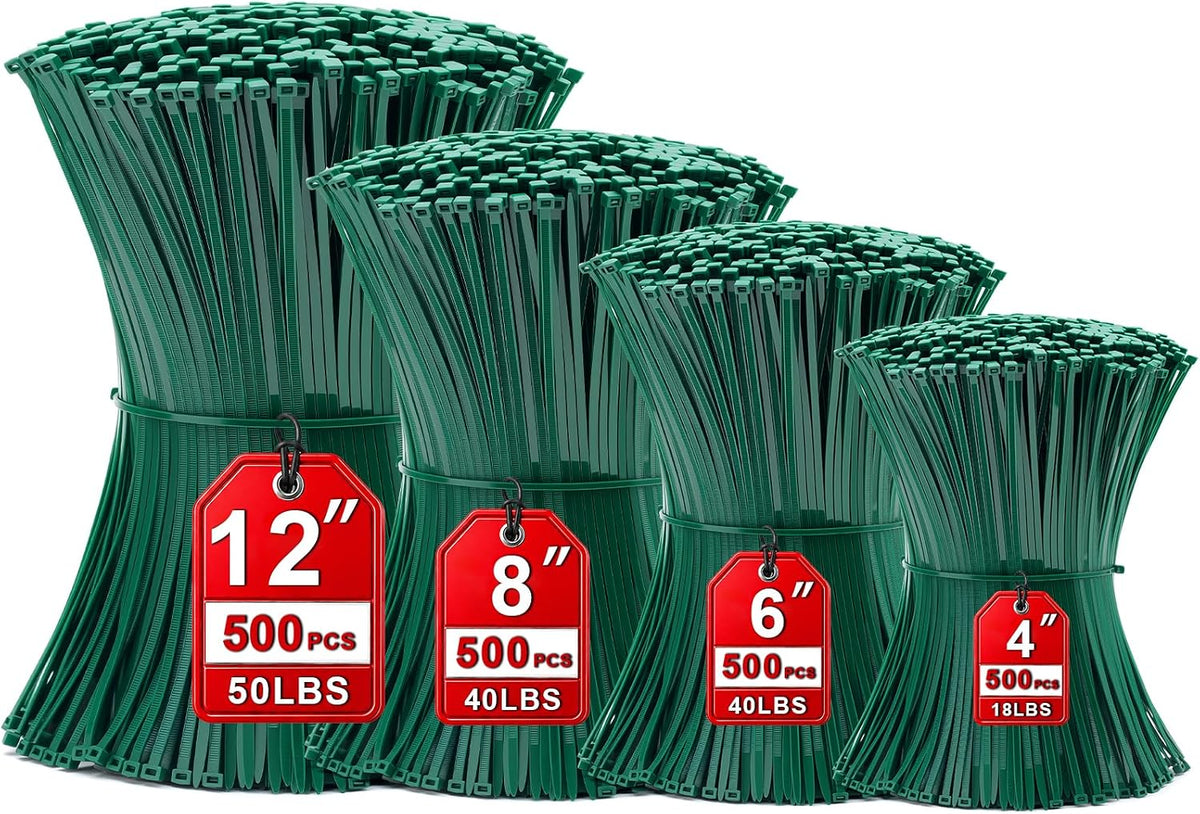 Zip Ties Assorted Sizes(4”+6”+8”+12”), 2000 Pack,Green Cable Ties,Multi-Purpose Self-Locking Nylon Cable Cord Management,Plastic Wire Ties for indoor and outdoor use.