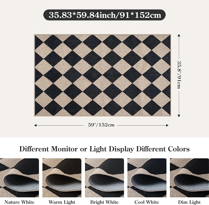 Lahome Checkered Easy Jute 3x5 Entryway Front Porch Rug, Washable Farmhouse