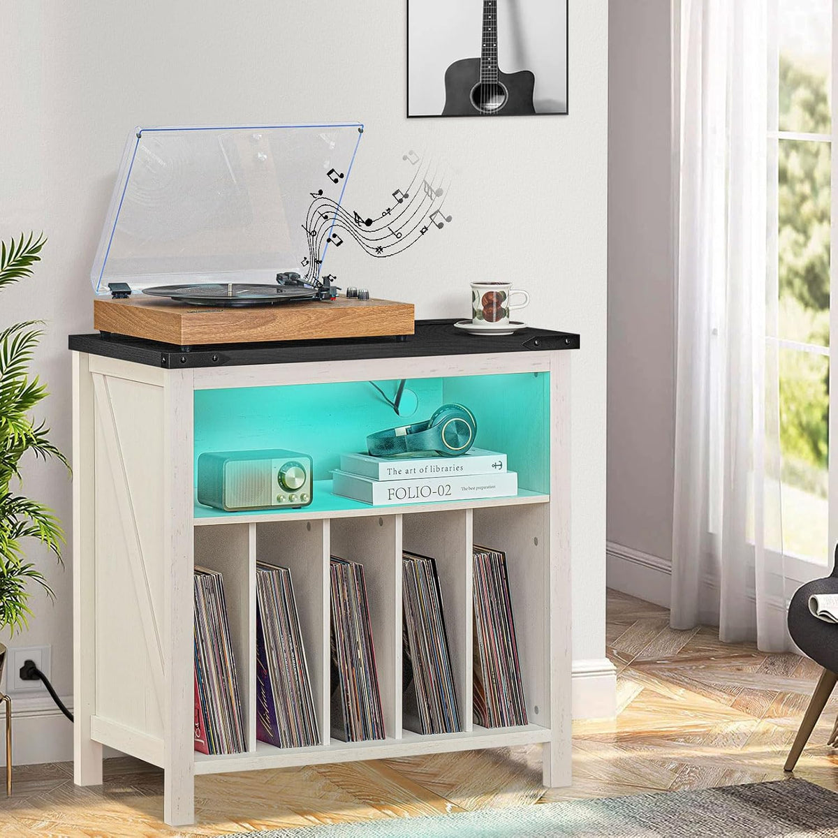 Joaxswe Large Record Player Stand with Charging Station & LED Lights, Vinyl Records Storage Holder Cabinet Holds up to 230 Albums, Turntable Stand for Music Room, Bedroom, Living Room, Office (White)