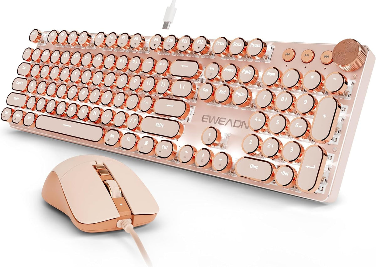 Wired Typewriter Keyboard and Mouse Combo, White Backlit, Soft Clack, Knob