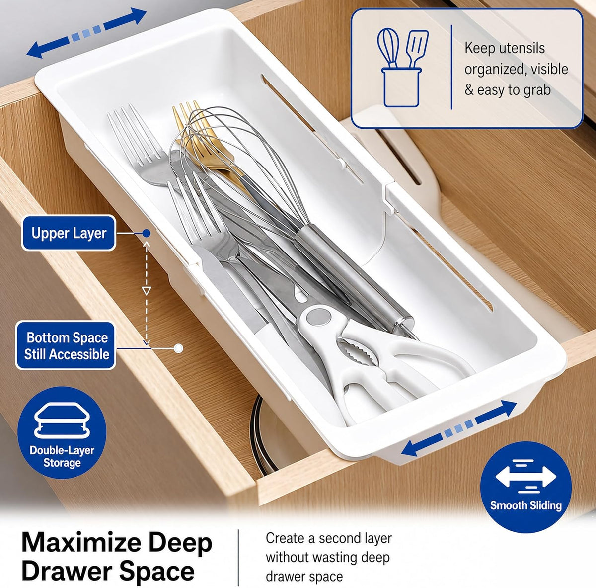 3-Pack Expandable Drawer Organizer for Deep Drawers, Adjustable 17–27 in Storage Tray, Durable PP Smooth Glide Divider for Kitchen, Vanity & Office, Space-Saving Design