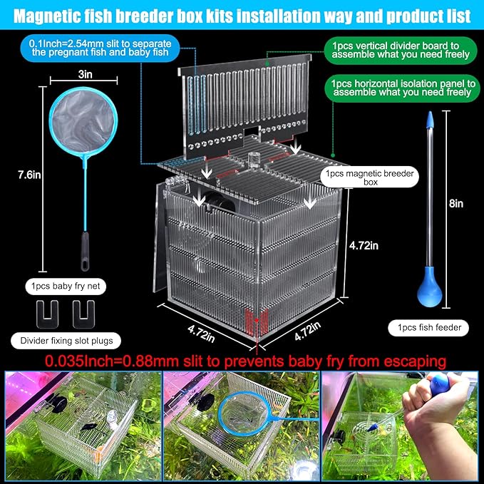Magnetic Fish Breeder Box for Aquarium Tank Isolation Box Acclimation Hatchery breeding Incubator for Guppy Baby Betta Saltwater Clownfish Coral Anemones Aggressive or Injured Fish