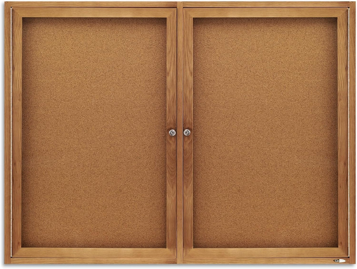 Quartet Bulletin Board, 4' x 3' Enclosed Cork Notice Board, Lockable Swing Doors, Oak Finish (364)