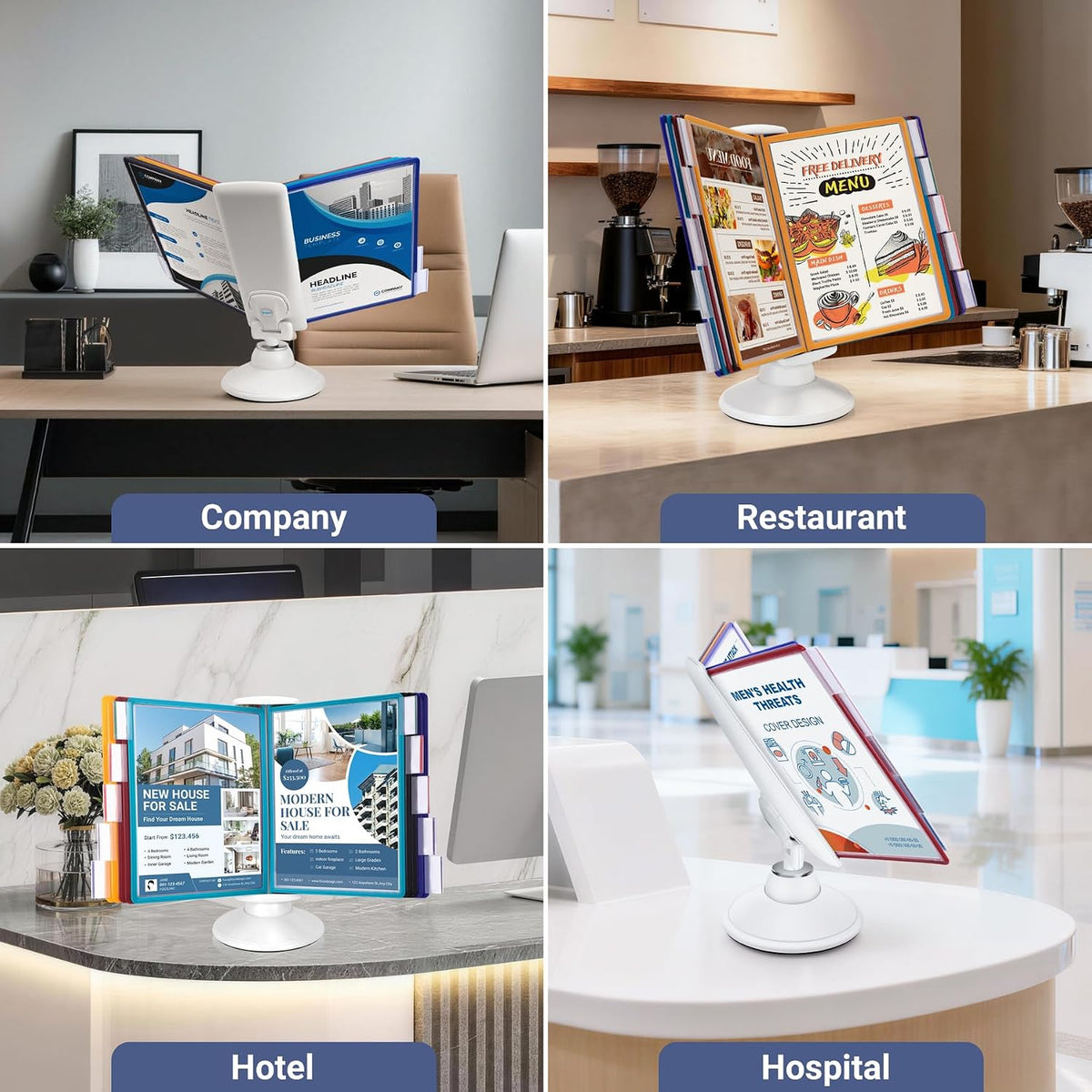 10-Pocket Desk Reference Organizer with 360° Swivel Base & 10 Double-Sided Panels Holds 20 Sheets A4/Letter Size Paper, Fast Flip & Find Desktop Reference System with Colored Index Tabs, White