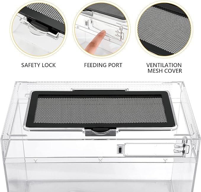 Reptile PC Terrarium,Anti Breakage 19.5x9.4x10.5 in Amphibians Tank Starter Kits,Top Sliding Door Gecko Starter Screen Ventilation Mini Habitat Cages,Hygrometer Thermometer,Hide Cave,Tweezer,Sprayer