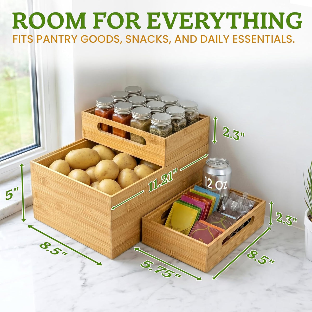 HOMESTEAD 3-Piece Stackable Bamboo Storage Box, Large Storage Bin, Wooden Boxes for Makeup Drawer Organizer Bathroom, Office Supplies, Kitchen Utensils, Bamboo Storage Containers