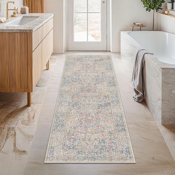 Beige Blue Washable 2x8 Runner Rug