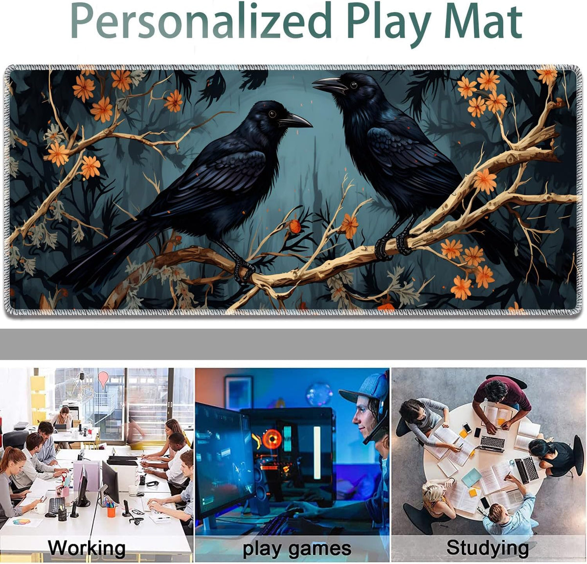 Large Gaming Mouse Pad + Keyboard Wrist Rest + Wrist Support + Coaster Set, Memory Foam Ergonomic for Easy Typing, XXL Extended Gaming Mouse Pad Table Pad - Branch Crow