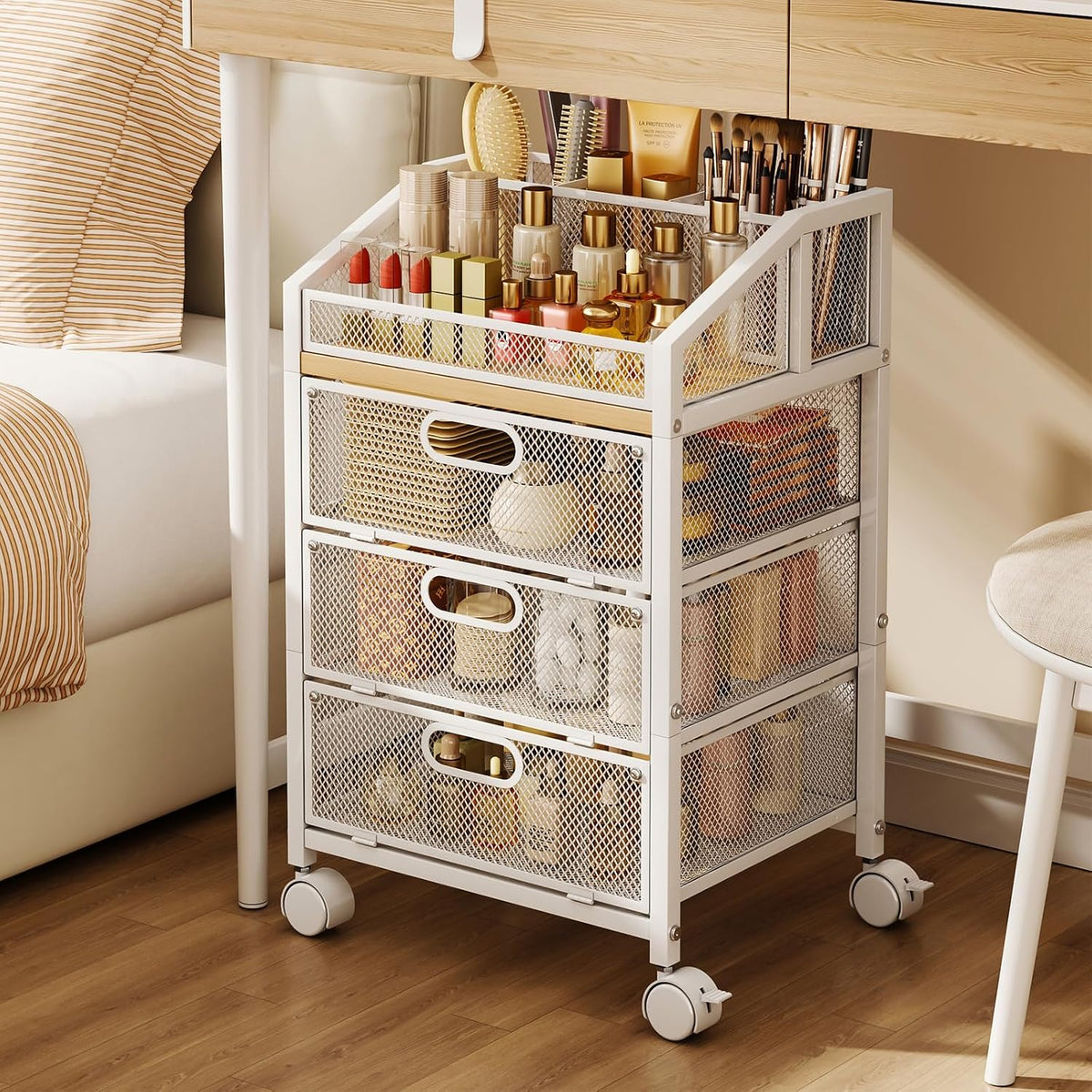 HapiRm Rolling Makeup Cart Organizer - Under Desk Makeup Storage with Wheels, Floor Make up Cart Skincare Organizers Desk Vanity Storage Organizer Cabinet for Cosmetics Makeup Brush Hair Tool, White
