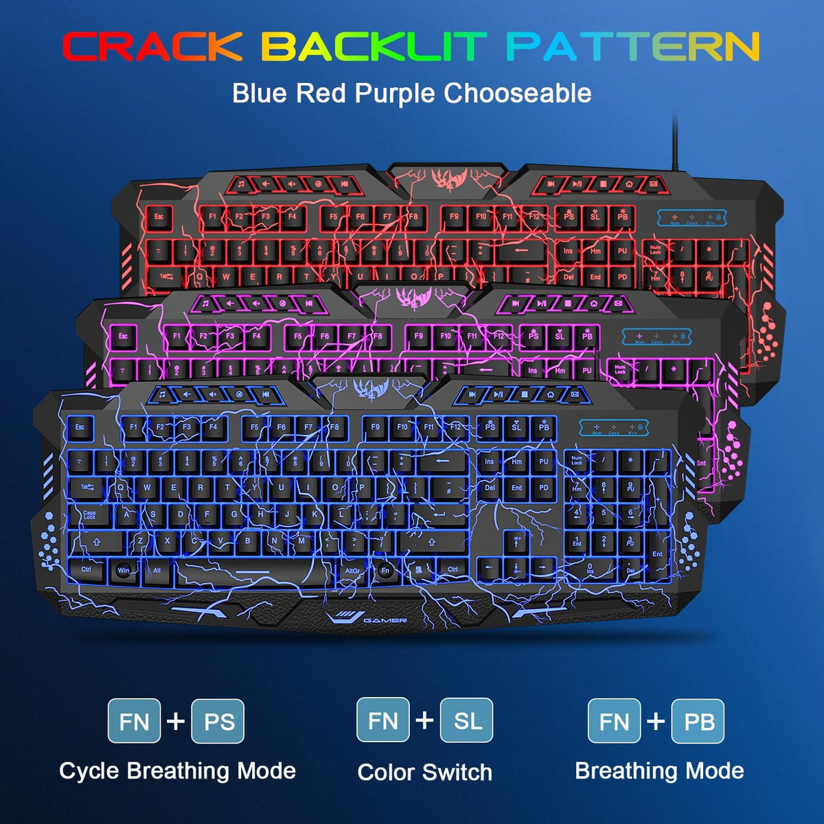 BlueFinger Backlit Gaming Keyboard, Mouse and LED Headset Combo - USB Wired 3 Color Crack Backlit, Blue LED Light Headset - Set for Work and Game