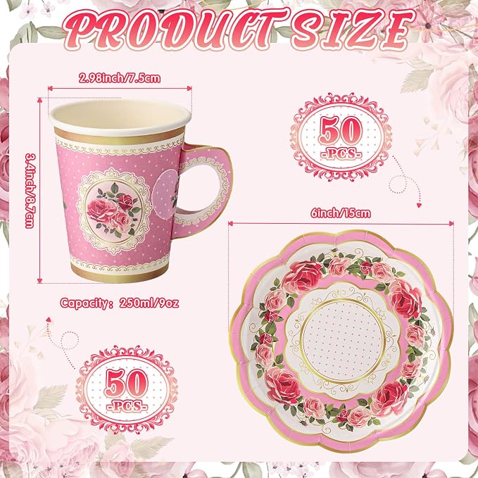 Tioncy 100 Pcs Tea Party Decorations Include 50 Pieces 9 oz Paper Tea Cups