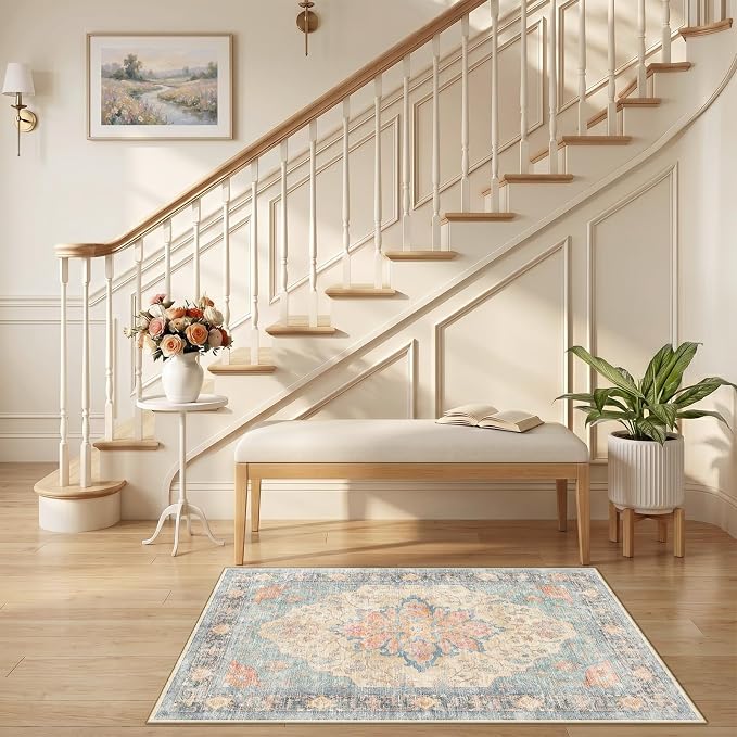 RELEANY Area Rugs Small 2'6"x4' Washable Non-Slip, Floral Vintage Distress