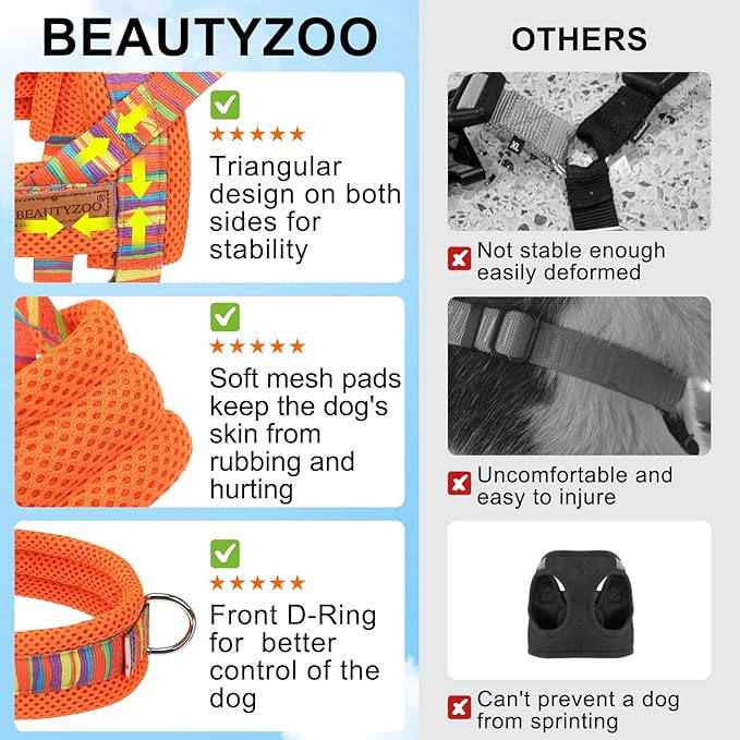 BEAUTYZOO Dog Harness for Small Dogs,No Pull Dog Harness and Leash Set,Soft Escape Proof Puppy Vest Harness with Handle,Reflective Lightweight Step in Harness for Girl Boy Dogs,Orange_Print S
