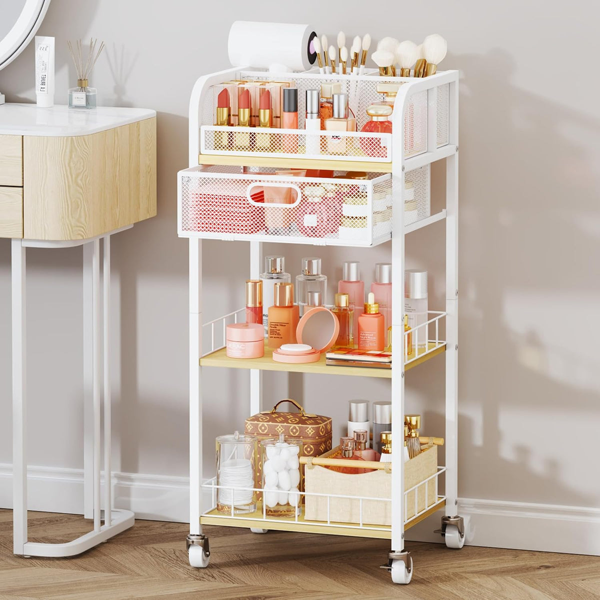 HapiRm Makeup Organizer Storage Cart - Floor Skincare Make Up Organizers with 4 Drawers, Rolling Makeup Cart Vanity Organizer Cosmetics Display Cases Holder for Skin Care Nail Polish Pure White